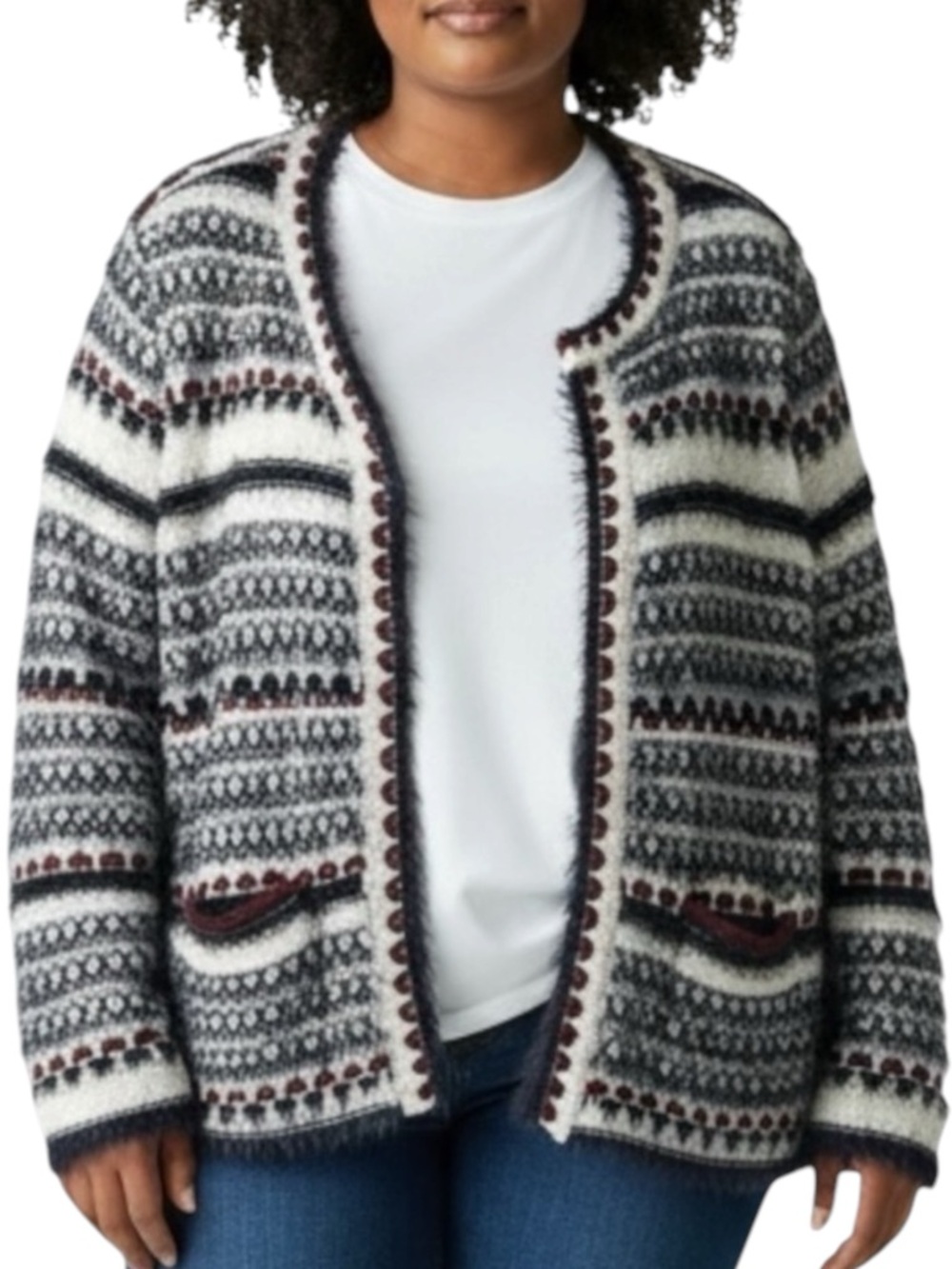 LANE BRYANT Eyelash Fair Isle Open-Front Knit Sweater - Blue/White Size 14/16